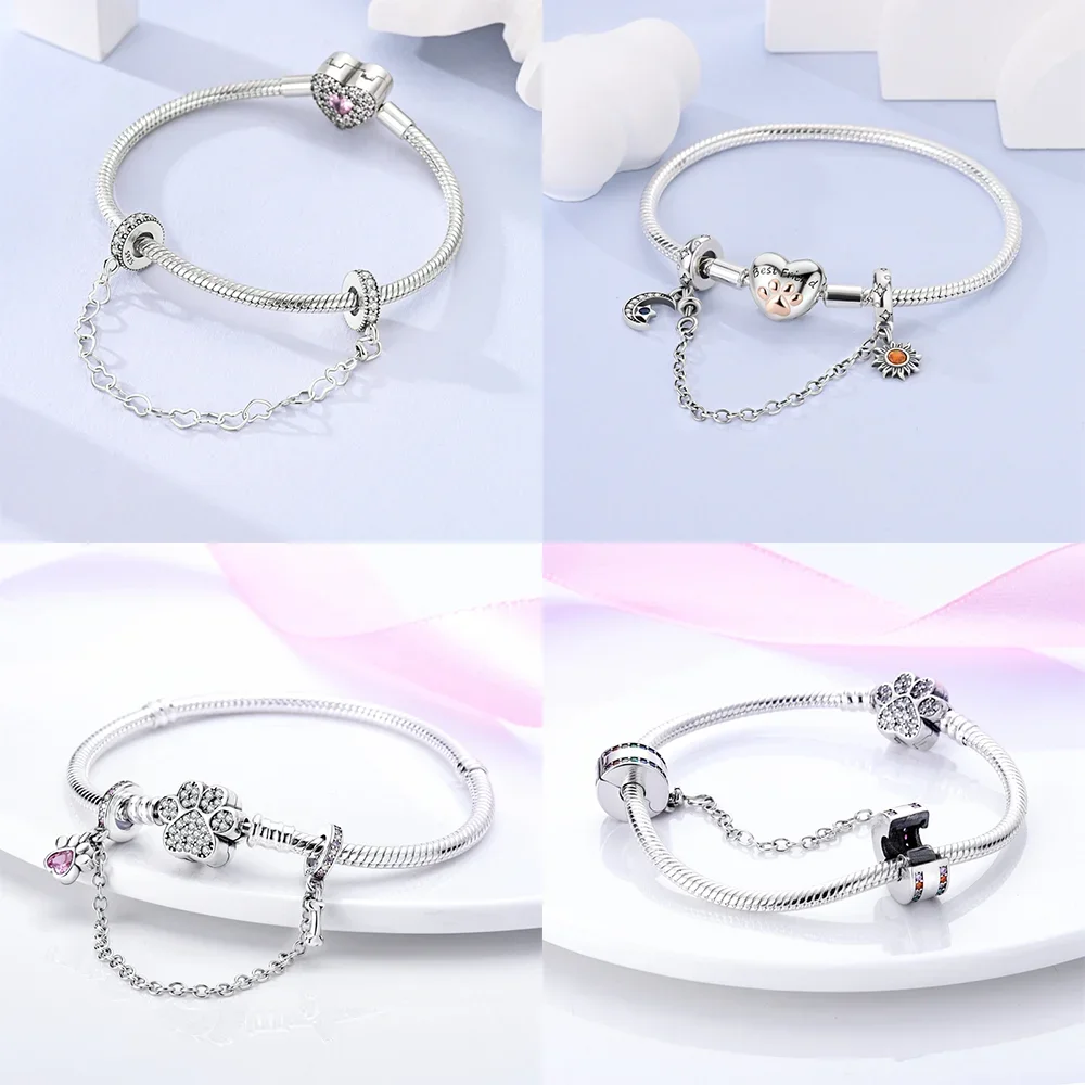 Original Charms 925 Silver Plated Pink Zircon Love Earth Camera Lock Key Beads Safety Chain Fit DIY Bracelet Fine Jewelry Making