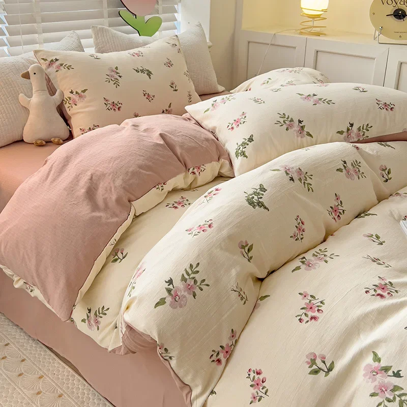 Xiaozhu Cotton Fragmented Flower Four Piece Set Small Fresh Jacquard Thickened Double Layer Yarn Bed Sheet and Quilt Cover