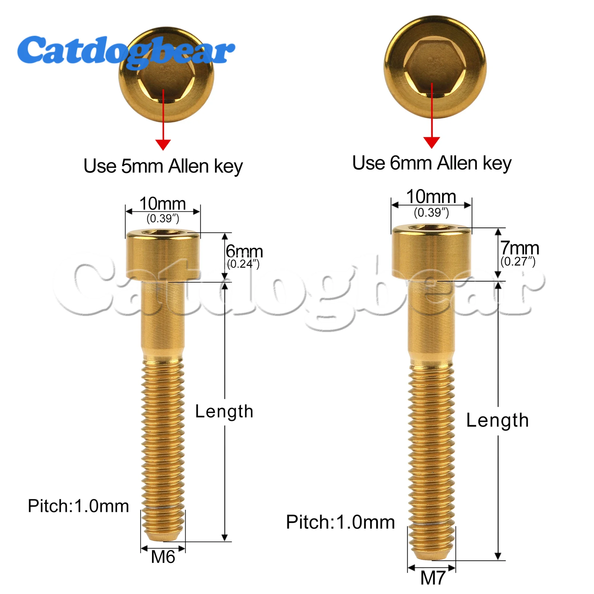 Catdogbear 티타늄 볼트, 자전거 패스너용 알렌 육각 헤드 나사, M6, M7x10, 15, 18, 20, 25, 30, 32, 35, 40, 43, 45, 50, 55, 60, 65mm