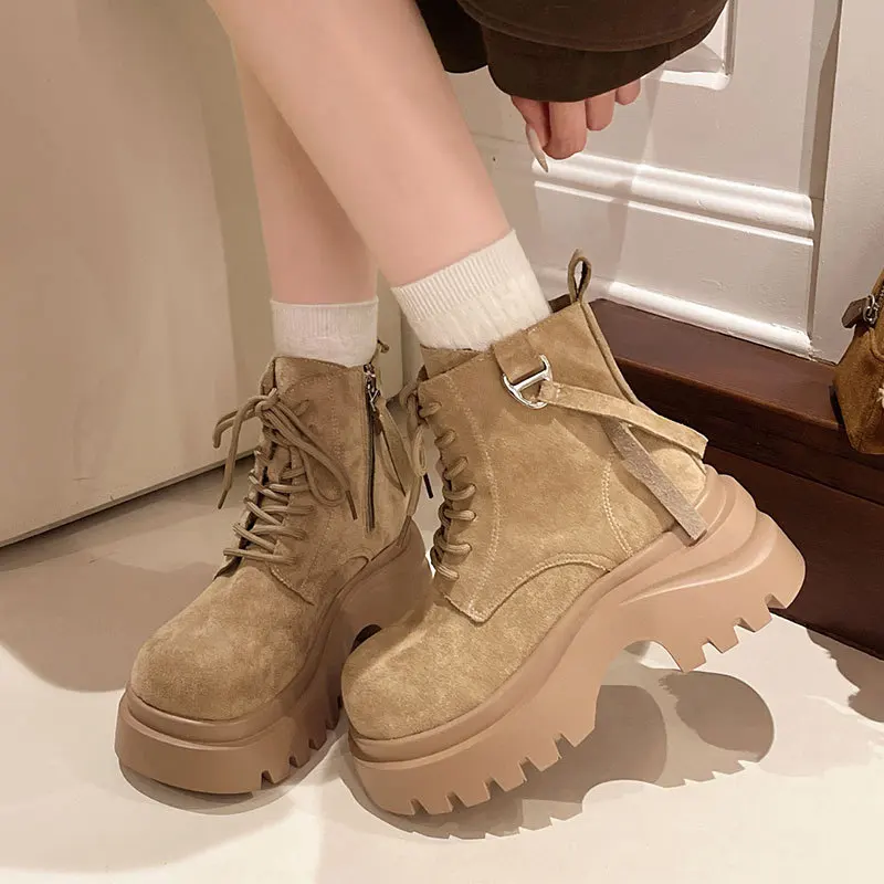 

Super Hot Maillard Boots Women's 2025 New Height Increasing Versatile Yellow Boots Retro Lace Up Short Boots Platform Shoes