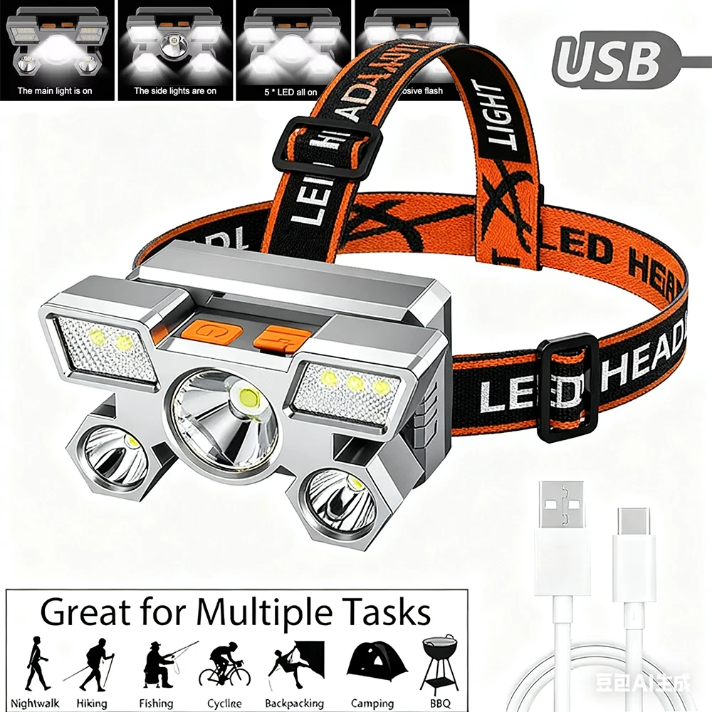 

Ultra-bright Rechargeable Headlamp Portable 5 LED Headlight Head Torch Waterproof Working Light Outdoor Camping Fishing Cycling