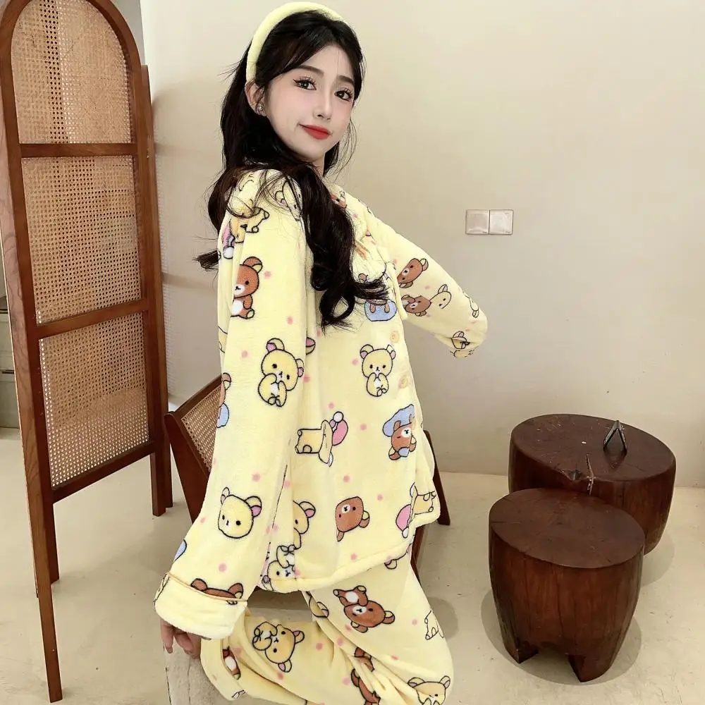 Kawaii Rilakkuma Anime Cartoon Coral Velvet Pajamas Winter Girls Warm Home Clothes Set Give Gifts To Girlfriend