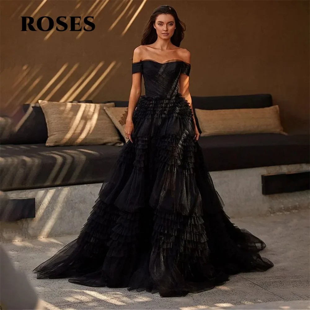 

ROSES Черное многоярусное вечернее платье с открытыми плечами и складками, платье для выпускного вечера трапециевидной формы, свадебные вечерние платья, robes de soirée по индивидуальному заказу