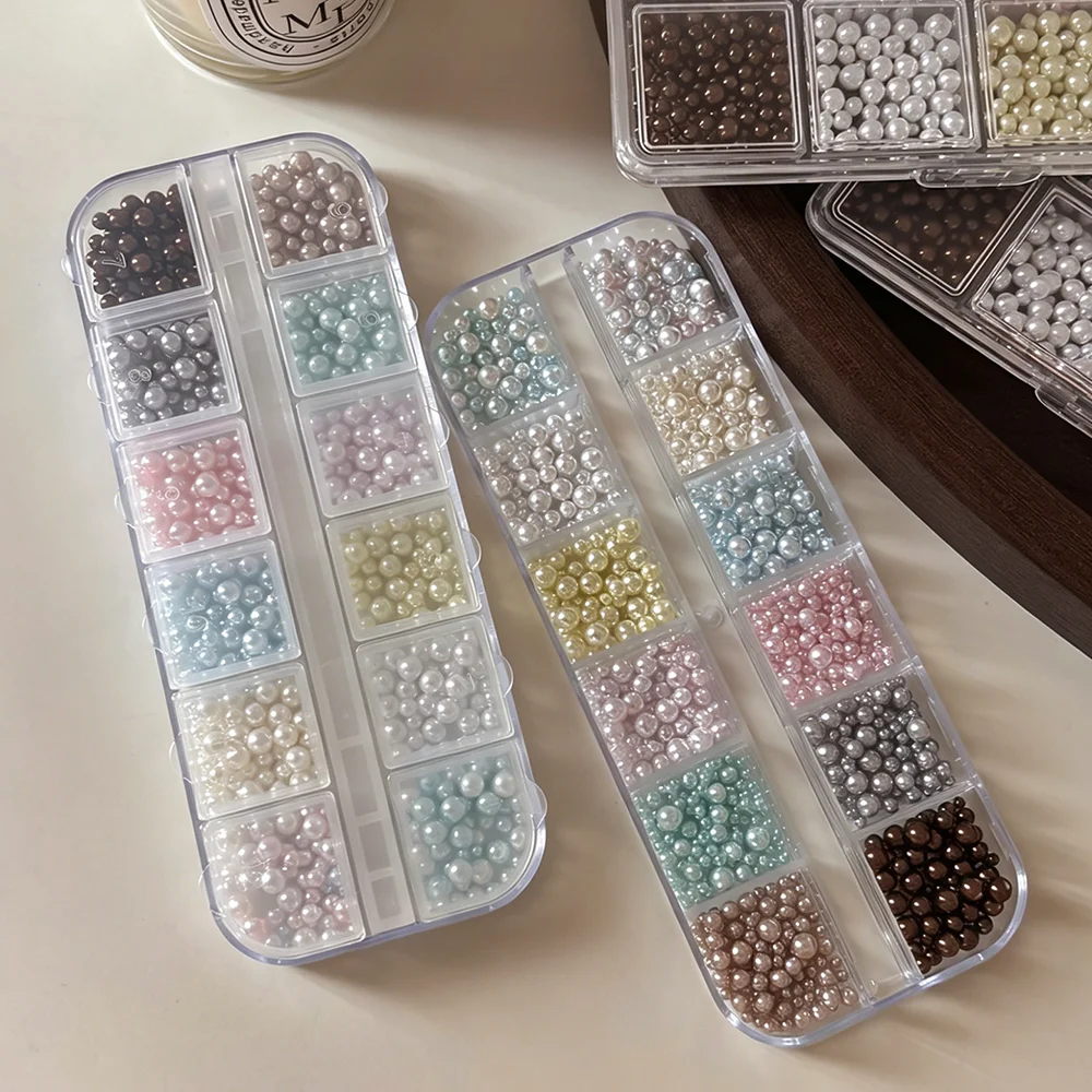 12 Gitter 3D Hochglanz-Rundperlen Nagelcharms Gemischte Größen Dopamin-Farben Perlenperlen Nagelkunst-Dekoration DIY Maniküre-Teile – Detail 9