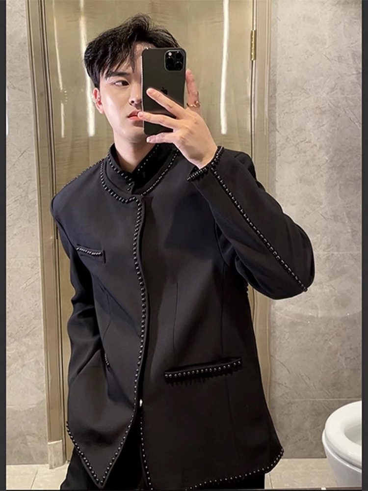 

Wang Jiajie Rivet ort Suit Jaet Men's Faion Spring Autumn High-End Sle Quirky Haome Brand Polyester Fiber Long Sve