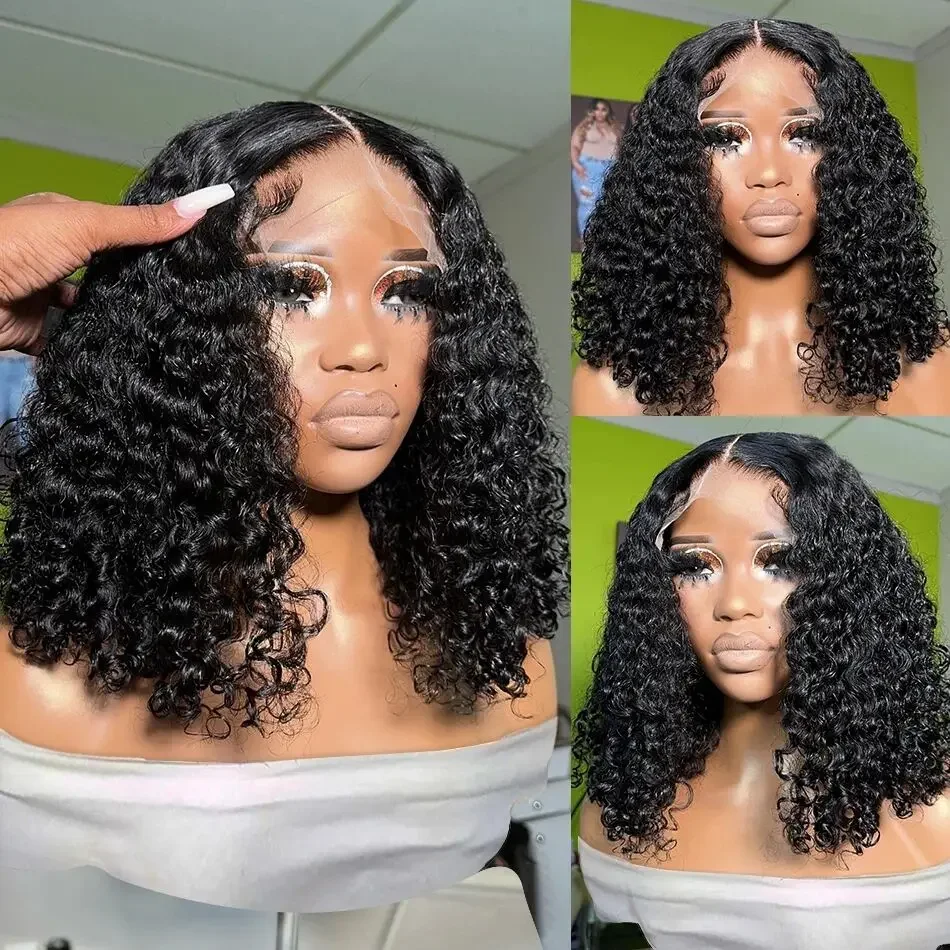 Wig Bob dengan kepadatan 200 Wig ombak air pendek rambut manusia 13x4 Wig rambut manusia bagian depan berenda Wig gelombang dalam Frontal 16 inci Wig Bob keriting