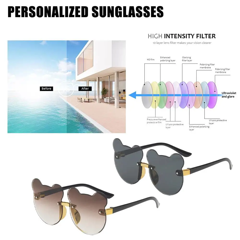 Children Fashion Bear Shape Sun Sunglasses Glasses Cute Anti-ultraviolet Bear Ears Shape Rimless Frame Gradient Color Glasses