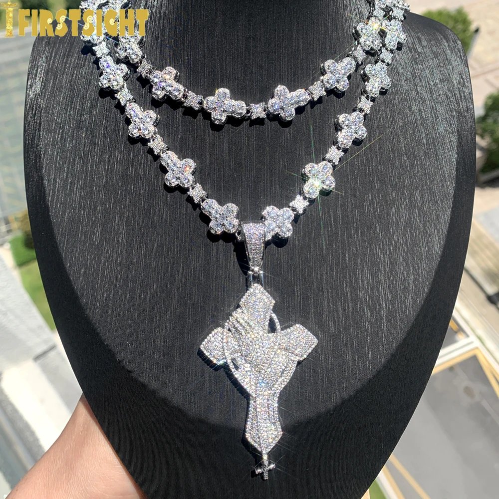 

New Iced Out Cross Necklace Bling Silver Color Cubic Zirconia Star Link Chain Hand Of Prayer Charm for Men Women Hip Hop Jewelry