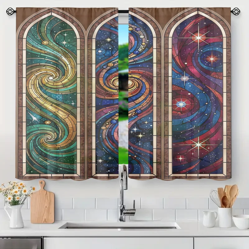 Semi Sheer Arched Galaxy Curtains Cosmic Space Stars Celestial Window Drapes Light Filtering Panels for Modern Home Decor Kitche