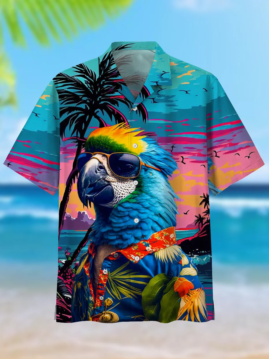 

3D Print Attractive Parrot Graphic Beach Shirts Men Casual Oversize Short-sleeved Hawaiian Shirts Summer Aloha Surfing Shirt