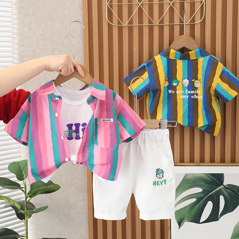 1-5Y 2025 Summer Kids Clothing Boys' Casual 3Pcs Suit Color Striped Short Sleeved Shirts Vest and Shorts Childrens Outfit