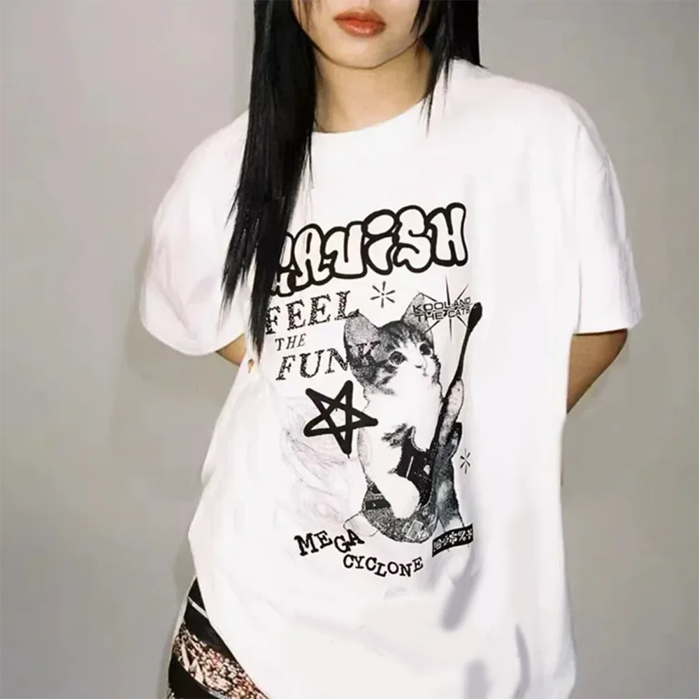 Camiseta de manga corta con gráfico de guitarra American Cat Rock, moda coreana holgada, ropa de verano de gran tamaño para mujer, ropa de calle Y2k