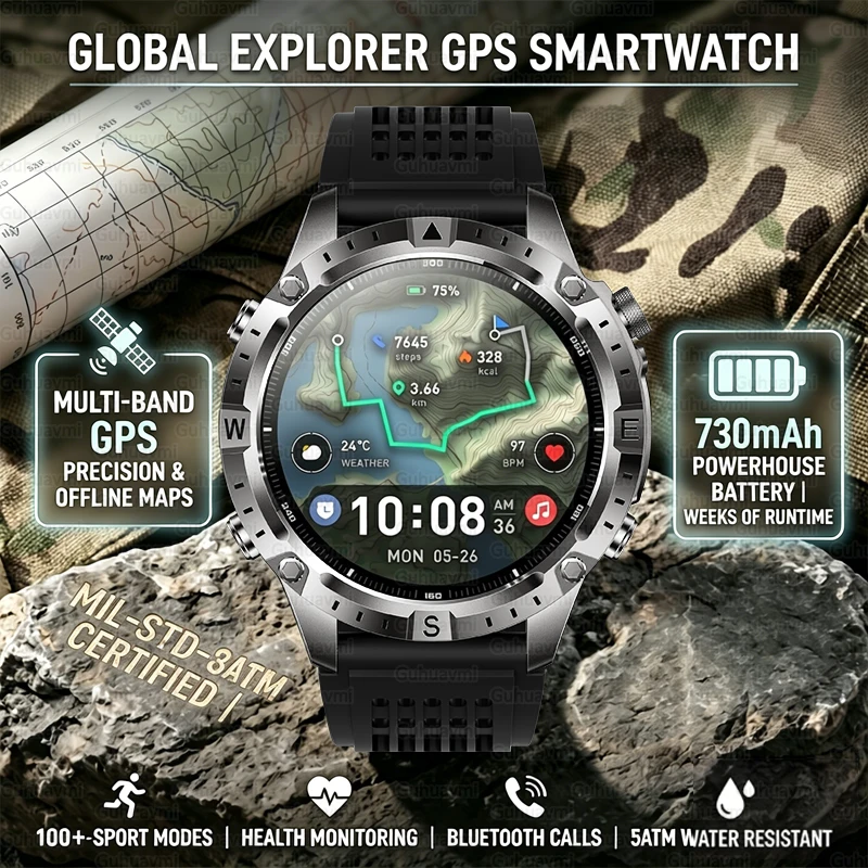 

2026New Tactical GPS Smartwatch 730mAh 2GB ROM Offline Map Compass 3ATM Waterproof Bluetooth Call 100+Sports Men Outdoor Watches