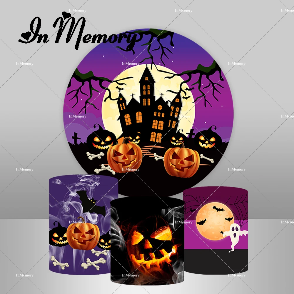 

Purple Halloween Day Party Round Backdrop Horror Skull Pumpkin for Background Banner Party Decor Photo Studio Pedestal Covers