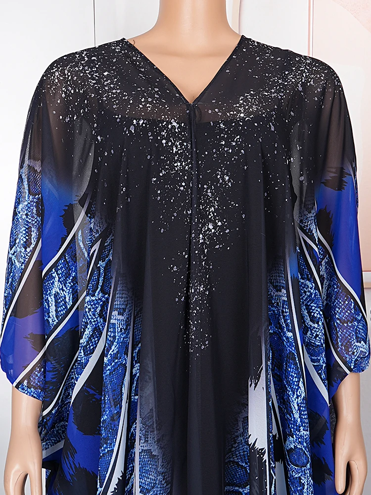 2024 Summer Chiffon Dresses For Women African Dashiki Print Boubou Dubai Muslim Abayas Holiday Party Gown Batwing Sleeve Dress