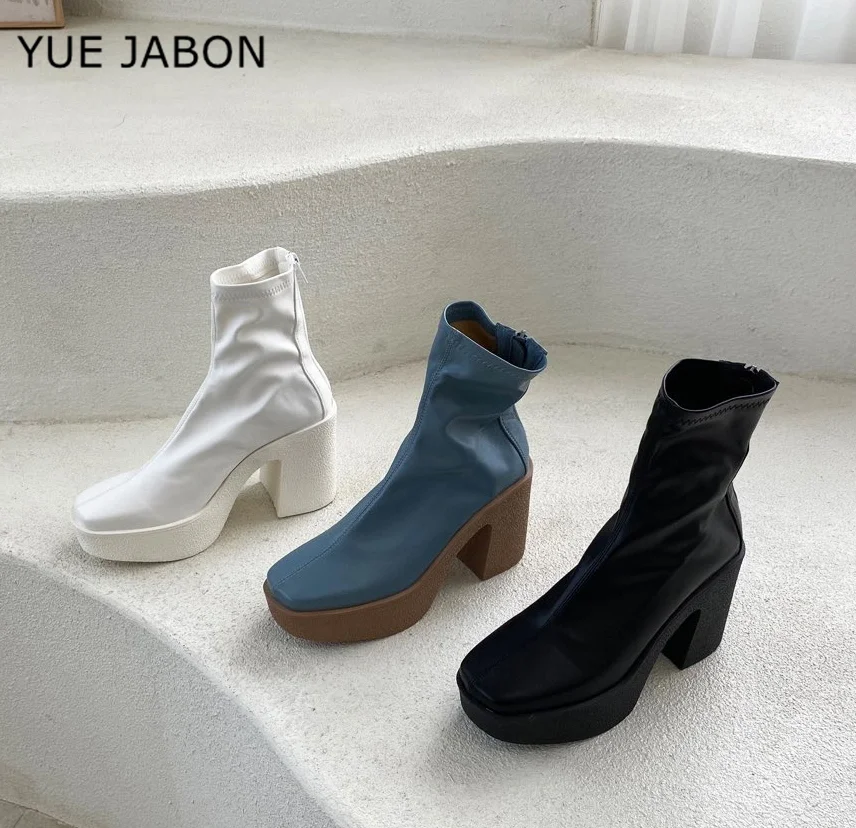 Blue Black Platform High Heels Ankle Boots For Women Elastic Thin Short Sock Botas Autumn Winter Ladies Casual Punk Party Shoes