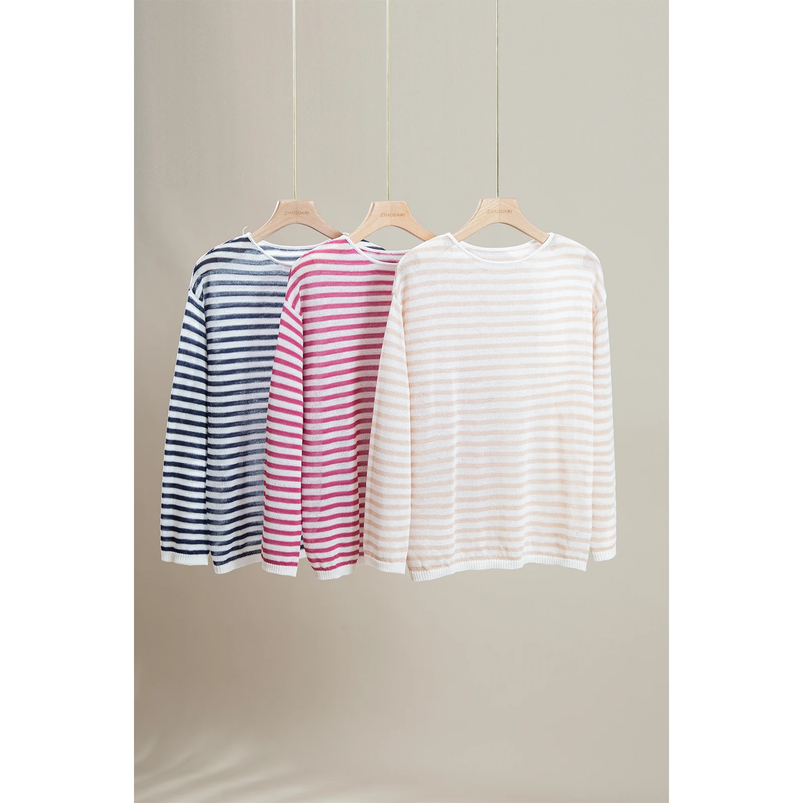 

Дышащий льняной топ в полоску для женщин, свободного кроя, с длинными рукавами, круглым вырезом, весенний, модный, для повседневной носки