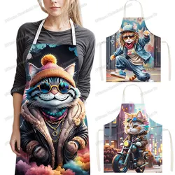 Hip Pop Cat Kitchen Apron Cartoon Cool Cat Riding A Motorcycle Sport Pinafore Household Cleaning Tool Baking Chef Cooking Aprons