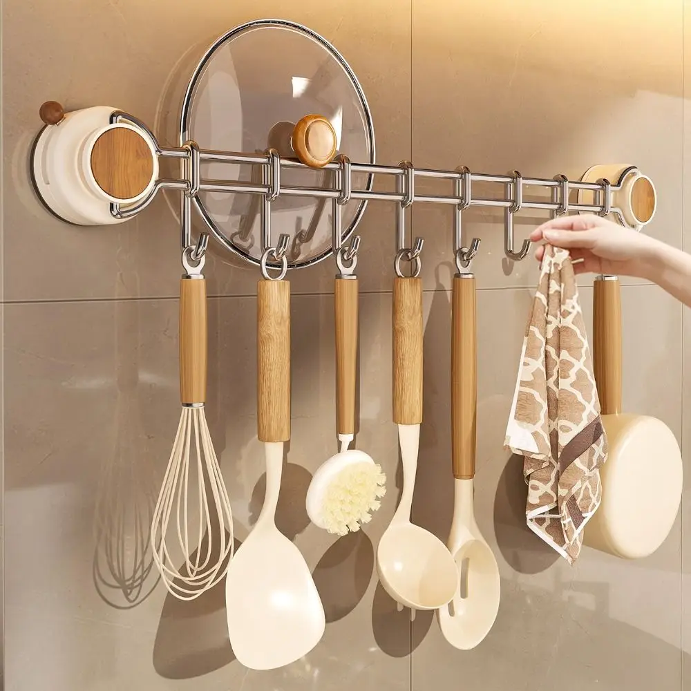 

8 Hooks Suction Cup Kitchen Hook Adjustable Sliding Flatware Storage Rack Space Saving Easy To Install