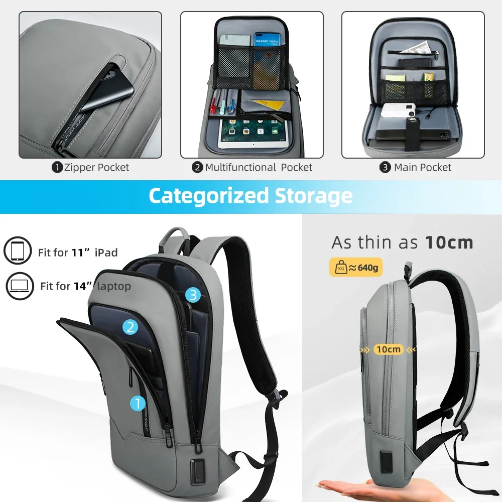 HcanKcan-حقيبة ظهر USB مقاومة للماء للرجال والنساء ، حزمة متعددة الوظائف ، حقيبة كمبيوتر محمول ، USB ، في الهواء الطلق ، عارضة ، السفر ، 14"