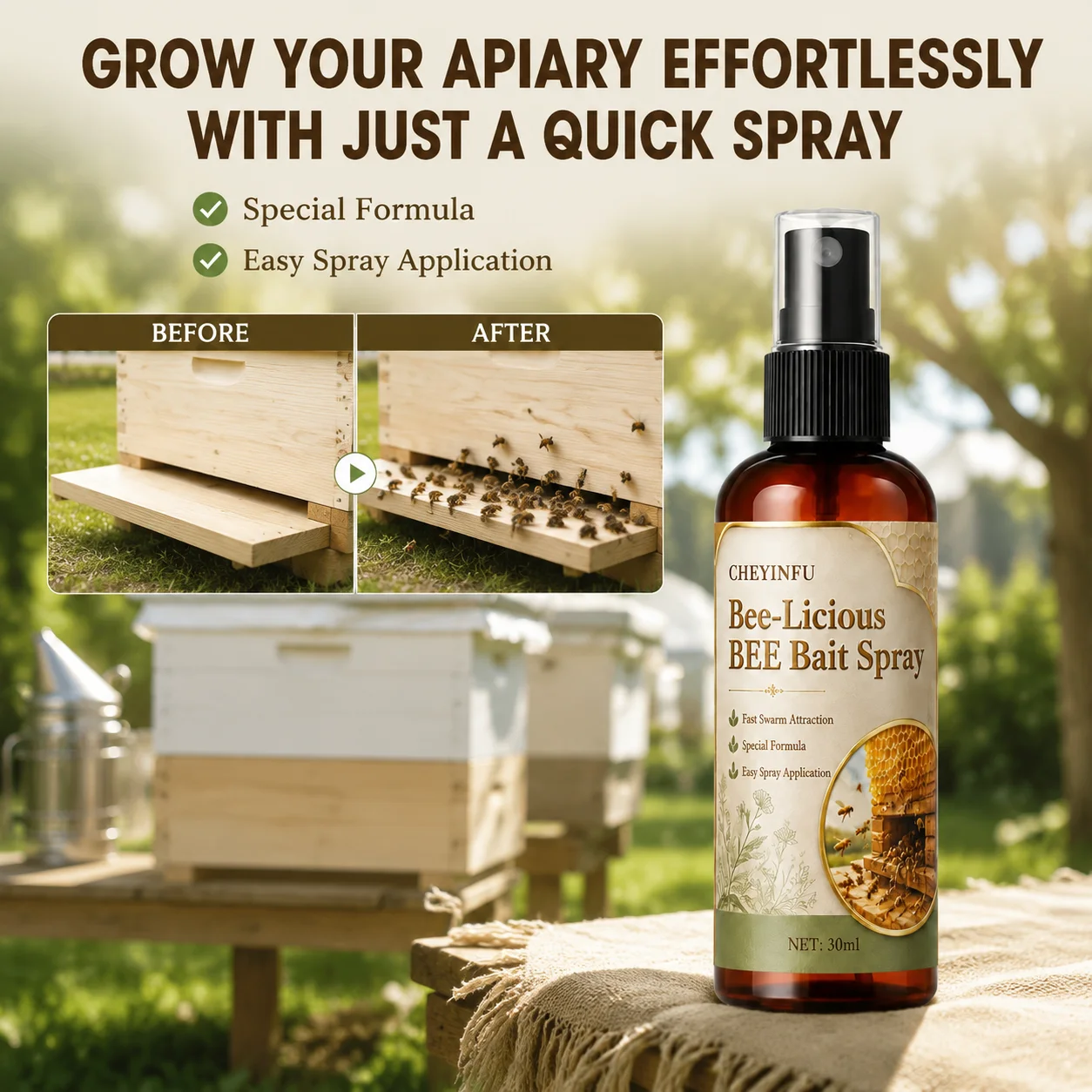 CHEYINFU Bee-Licious Bee Bait Spray Fast Swarm Attraction Hive Lure 30ml