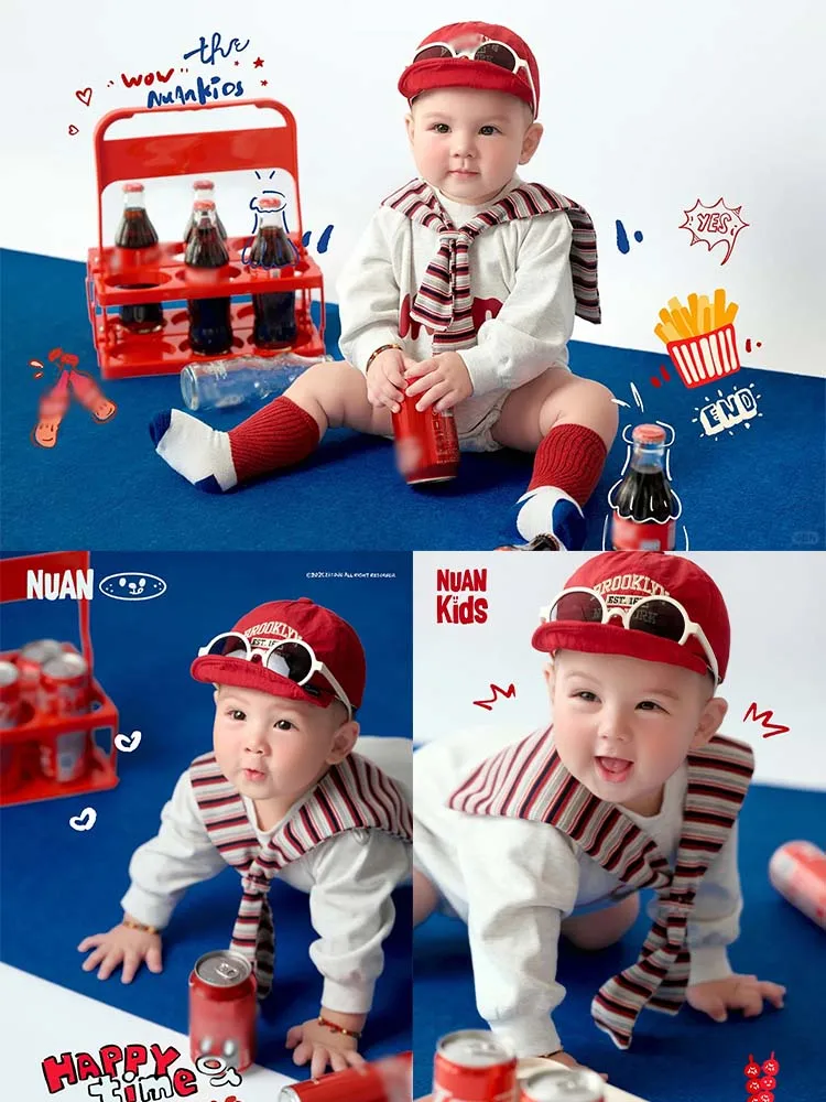 

Очаровательный тематический костюм для фотосъемки мальчика-колы, красная бейсболка + полосатая шаль + комбинезон + носки + комплект солнцезащитных очков, реквизит для фотосессии для мальчиков