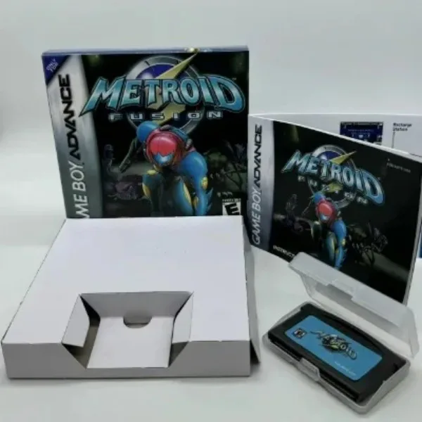 Gra GBA w pudełku dla 32-bitowego wentylatora kartridż z grą Metroid Zero Mission Fusion wykonana w wersji USA z podręcznikami