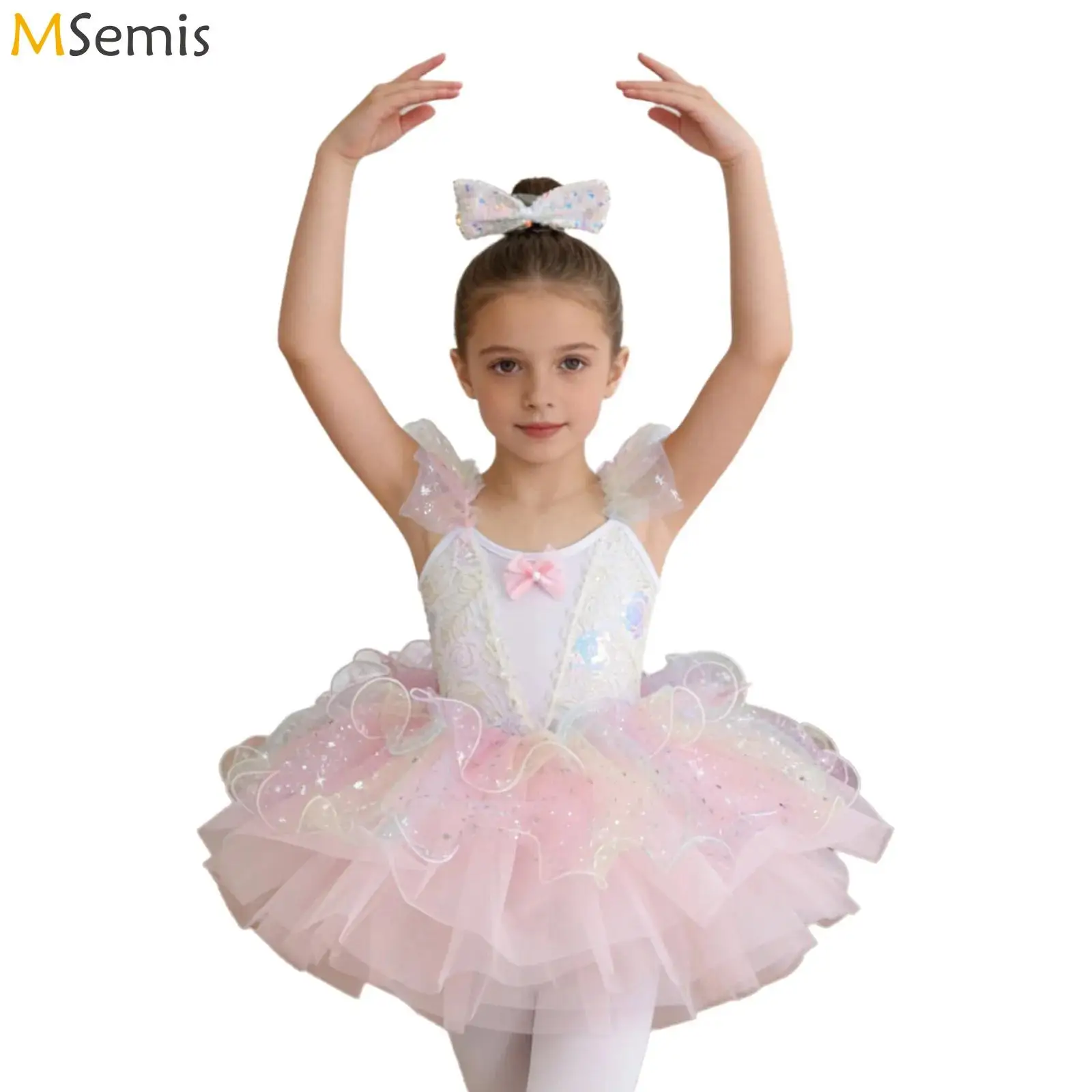 

Детское балетное платье-пачка для девочек из фатина с рюшами на рукавах, вышивкой пайетками на лифе, многослойное, для выступлений и танцев