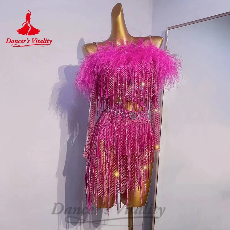 

Latin Dance Tassel Dress Senior AB Stones Performance Costumes Customized Adult Children Tango Chacha Rumba Competition Dresses