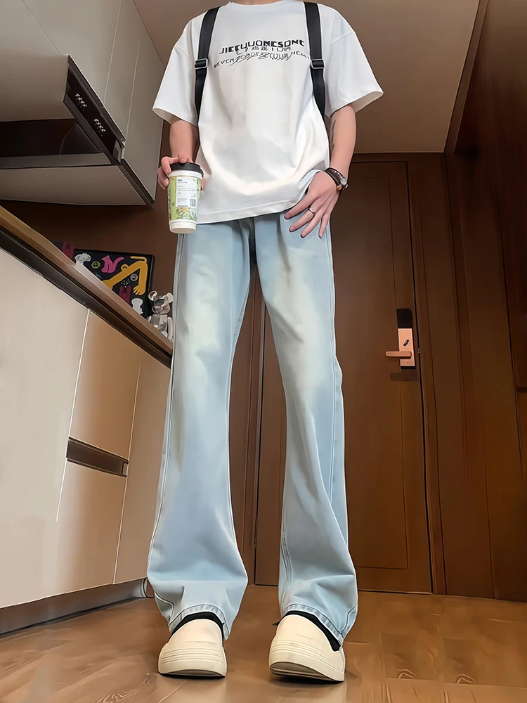 

Ice Blue Men's Straight Leg Jeans Long Length Tall Size Knife Cowboy Pants High Street American Sle Youth Faion