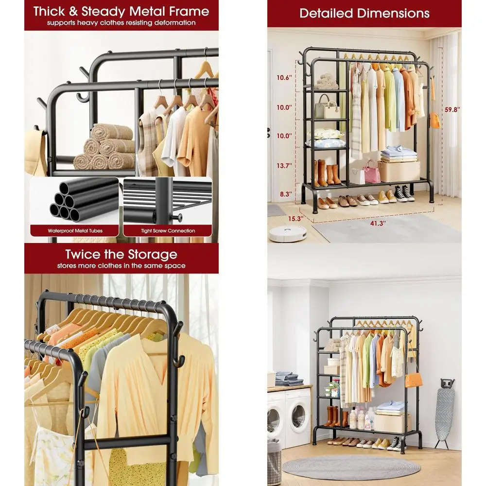 

Двухъярусная вешалка для одежды с крючками и полками, компактный шкаф для дома, 41.3x15.3x59.8, черный