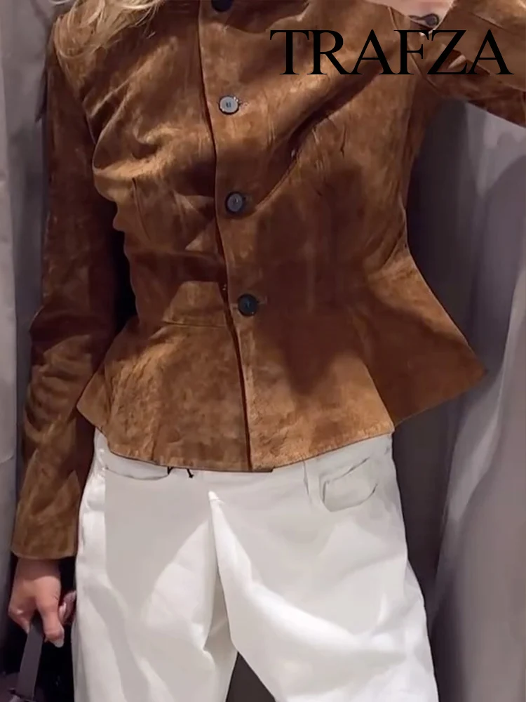 

HH Women's Autumn New Fashion Retro Versatile Suede Loose Jacket Female High Street Casual Round Neck Single Breasted Jacket