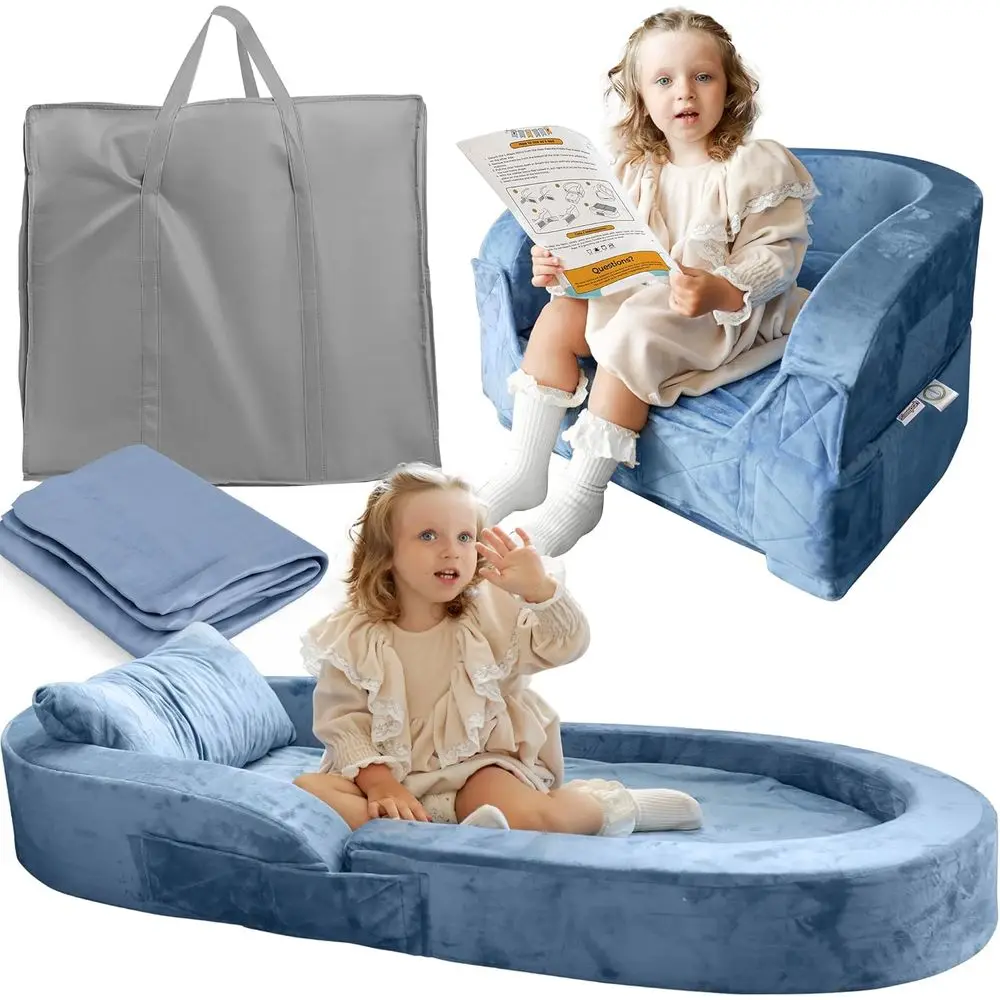 

Portable Travel Bed & Chair for Toddlers, Raised Safety Bumpers, Suitable for Ages 2-6, Blue Lounger with Sheet & Pillowcase