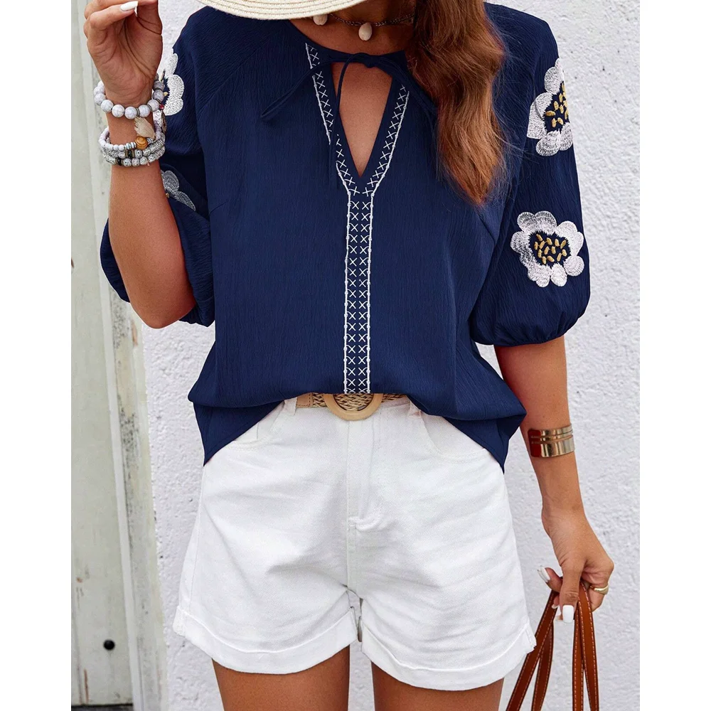 Summer Women Embroidery Floral Blouse Casual Short Lantern Sleeve Female V-neck Lace Up Streetwear Clothing