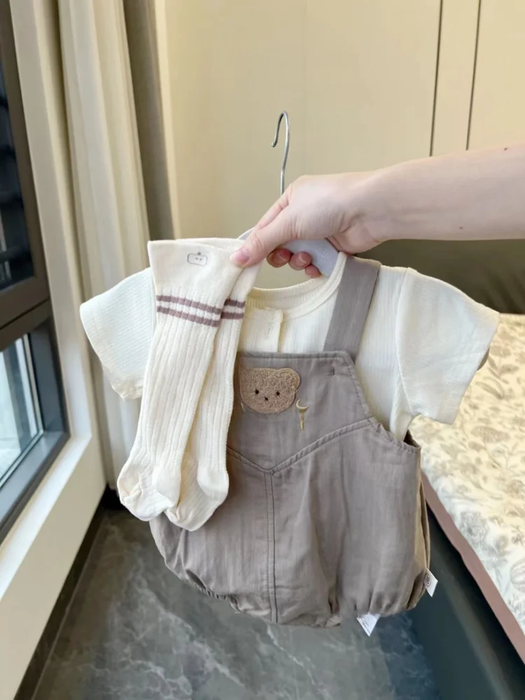 Baby Bear ort Sve T-irt Set with e Bib And Pants Pure Color Casual Cotton Summer Outfit for Infants And Toddlers