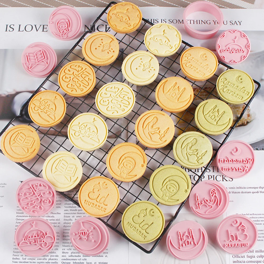 10Pcs Eid Mubarak Cookie Cutters Biscuit Stamp Mold Lantern Mosque Fondant Embosser Mould For Ramadan Islamic Muslim Baking Tool