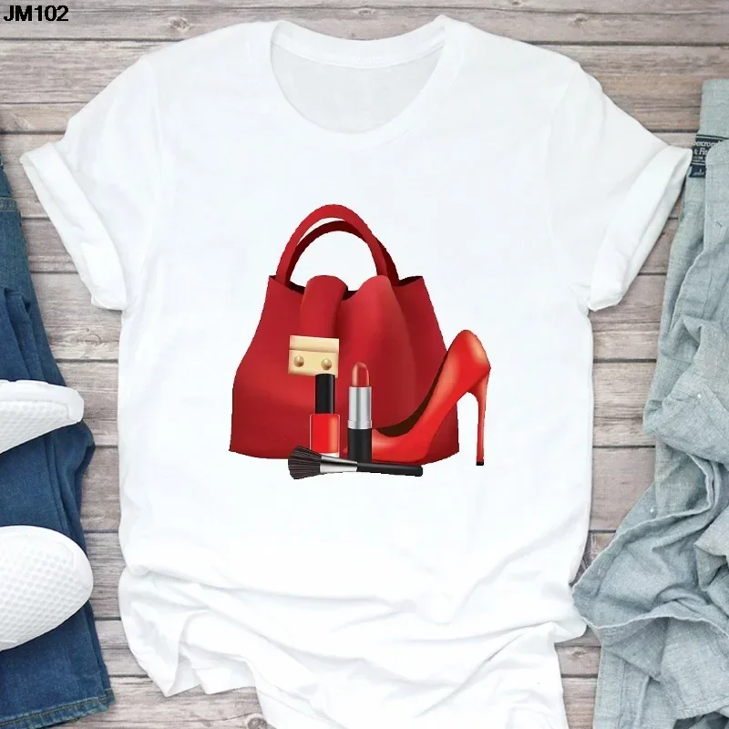 New Women's T-shirt Bag High Heels Cosmetics Pattern T-shirt Casual Printed Short Sleeve Top Harajuku Oversized T Shirt  Tops