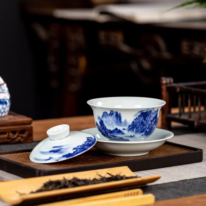 Jingdezhen Antique Mud Blue and White Thousand-Li Landscape Ceramic Gaiwan Household Set Cover Teacup Saucer