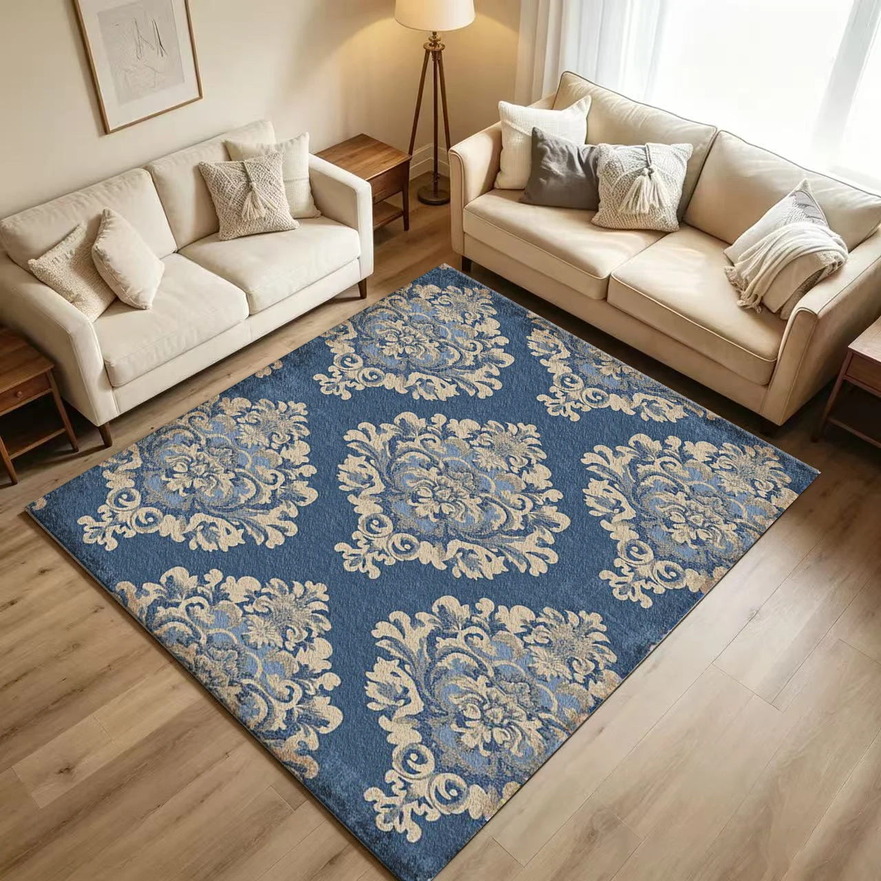 Vintage Blue Damask Floral Carpet Flooring Retro Distressed Baroque Pattern Printed Floor Rug for Household Living Room Home Interior Decoration