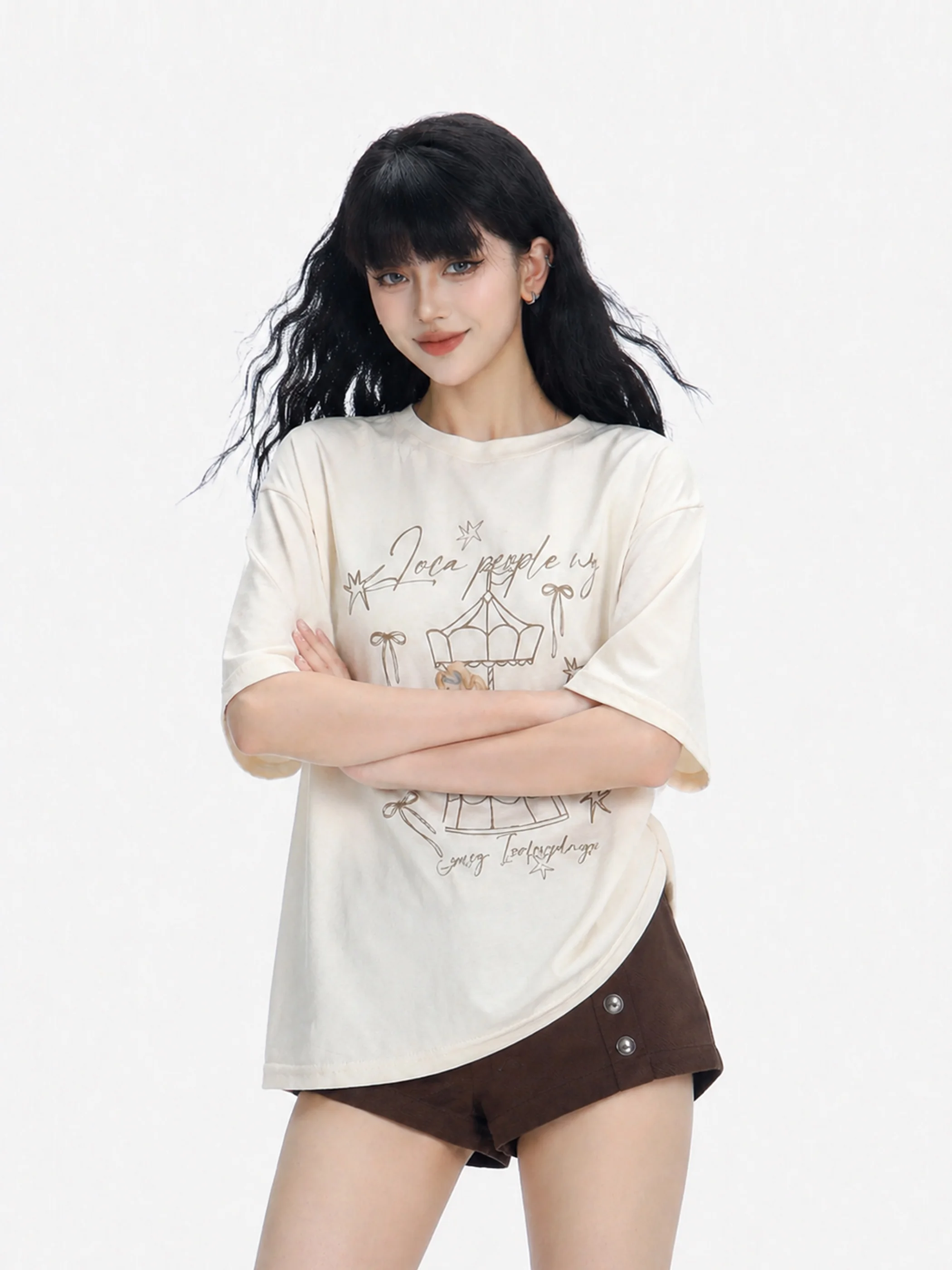 

Handmade Bead Short Sleeve T-Shirt Women's Summer round Neck Slim Fit Top White Print Casual Loose Style Breathable Ski...