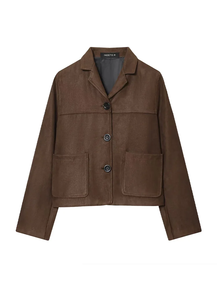 HH Donna Moda monopetto Decorazione tascabile Cappotto corto Giacca invernale in pelle scamosciata stile street con risvolto femminile a maniche lunghe