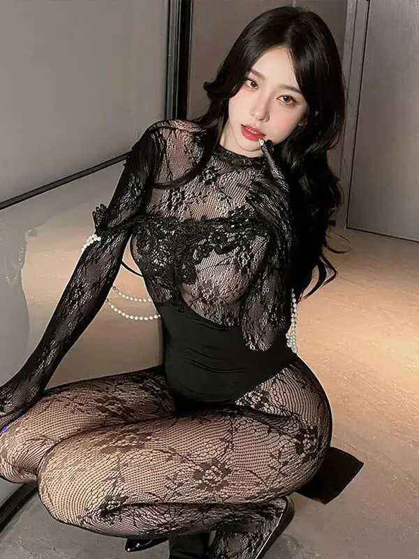 เซ็กซี่เพิร์ลตาข่าย Elegant Cheongsam สไตล์ชุดนอนร้อนตาข่ายลูกไม้ Sheer Nightgown แฟชั่นชุดสตรีเซ็กซี่ Tops YS1V