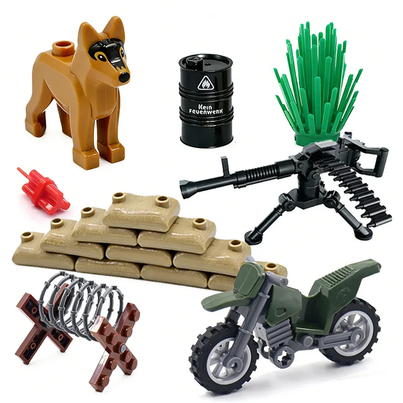 Military Scene Model Two-wheeled Motorcycle Police Dog Sandbag Oil Barrel Cannon Road Obstacle Grassy Area Building Blocks Toy