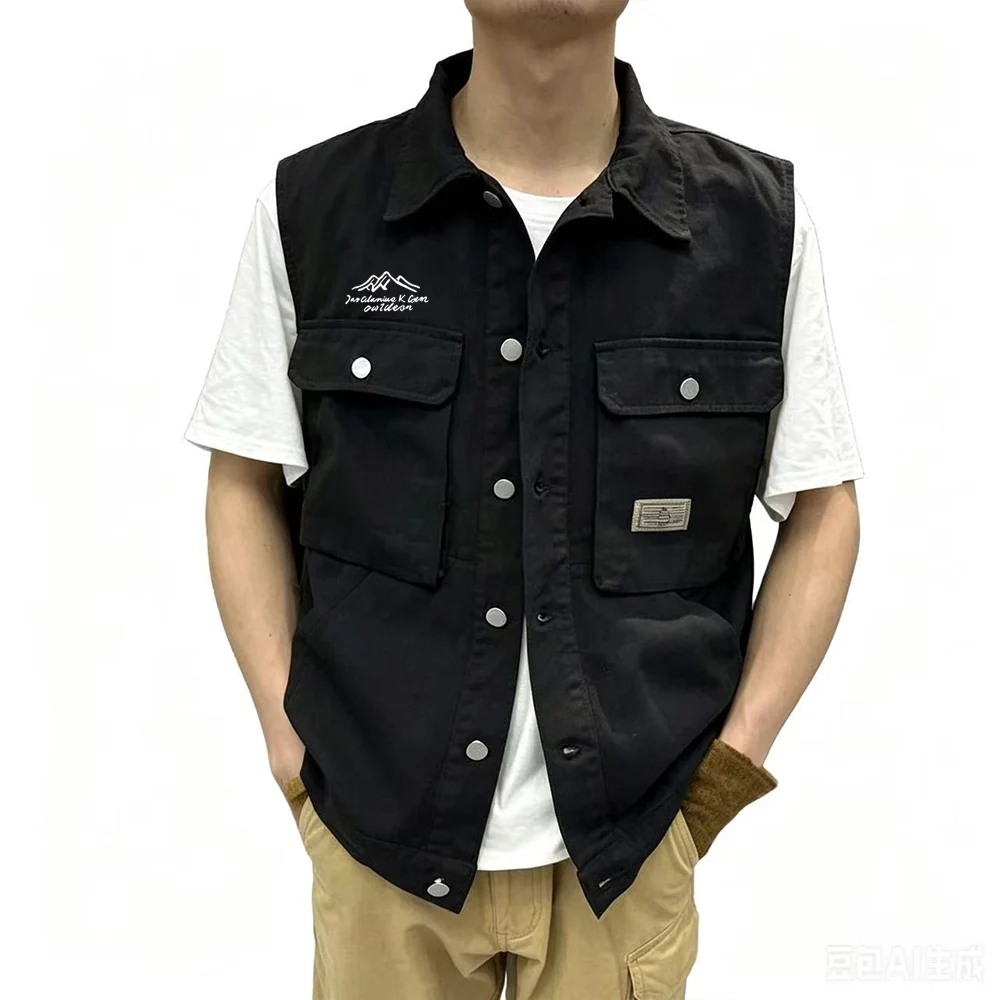 Spring and Autumn American Retro Nostalgia Cowboy Vest Men's Korean Edition Loose Trendy Shoulder Work Clothes Multi Pocket Vest