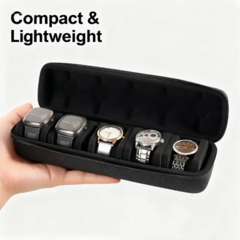[Sleek Watch Case]Black 5-Slot Watch Travel Box,Soft Foam Pillow & Handle,Durable Hard Shell Storage for Men's Women's Watches