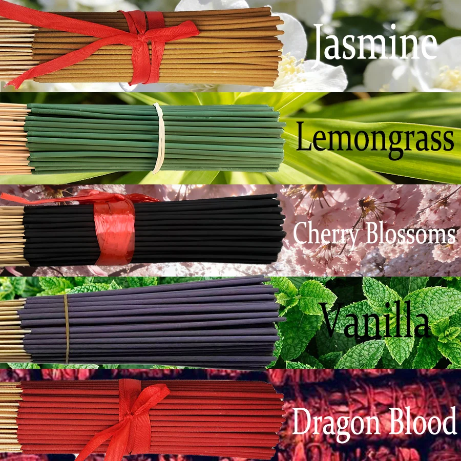 5 tipos de juegos de incienso de palitos de bambú hechos a mano de alta calidad, palitos de incienso chinos naturales de 22 cm de largo, incluidos jazmín, hierba de limón, flor de cerezo, vainilla, sangre de dragón, etc. , con un aroma fresco y elegante que dura durante mucho tiempo, perfecto para acampar, viajar, patios, vacaciones (Halloween, Navidad, Acción de Gracias)
