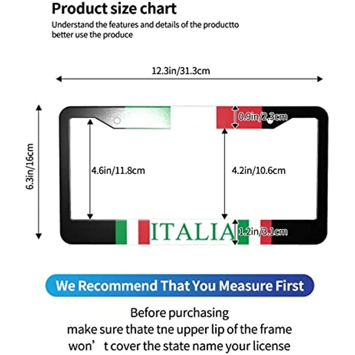 Italian Flag License Plate Frame 2 Pack Aluminum Metal License Plates Italy License Plate Holder Novelty Car Tag Universal USA