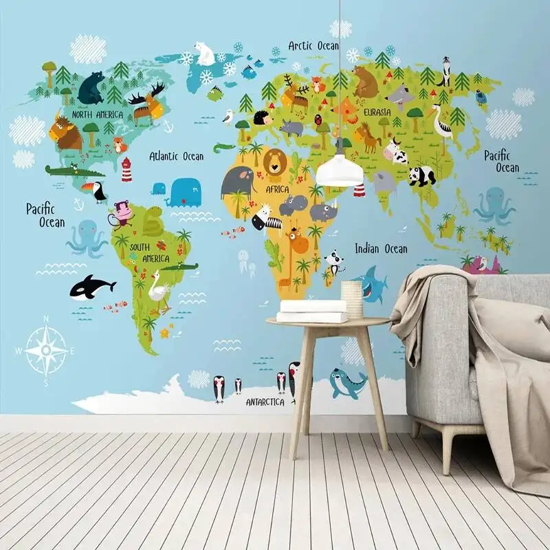 Custom 3D Wallpaper Cartoon Animal World Map Photo Wall Murals Children's Room Self-Adhesive Waterproof Stickers Home Decor Art