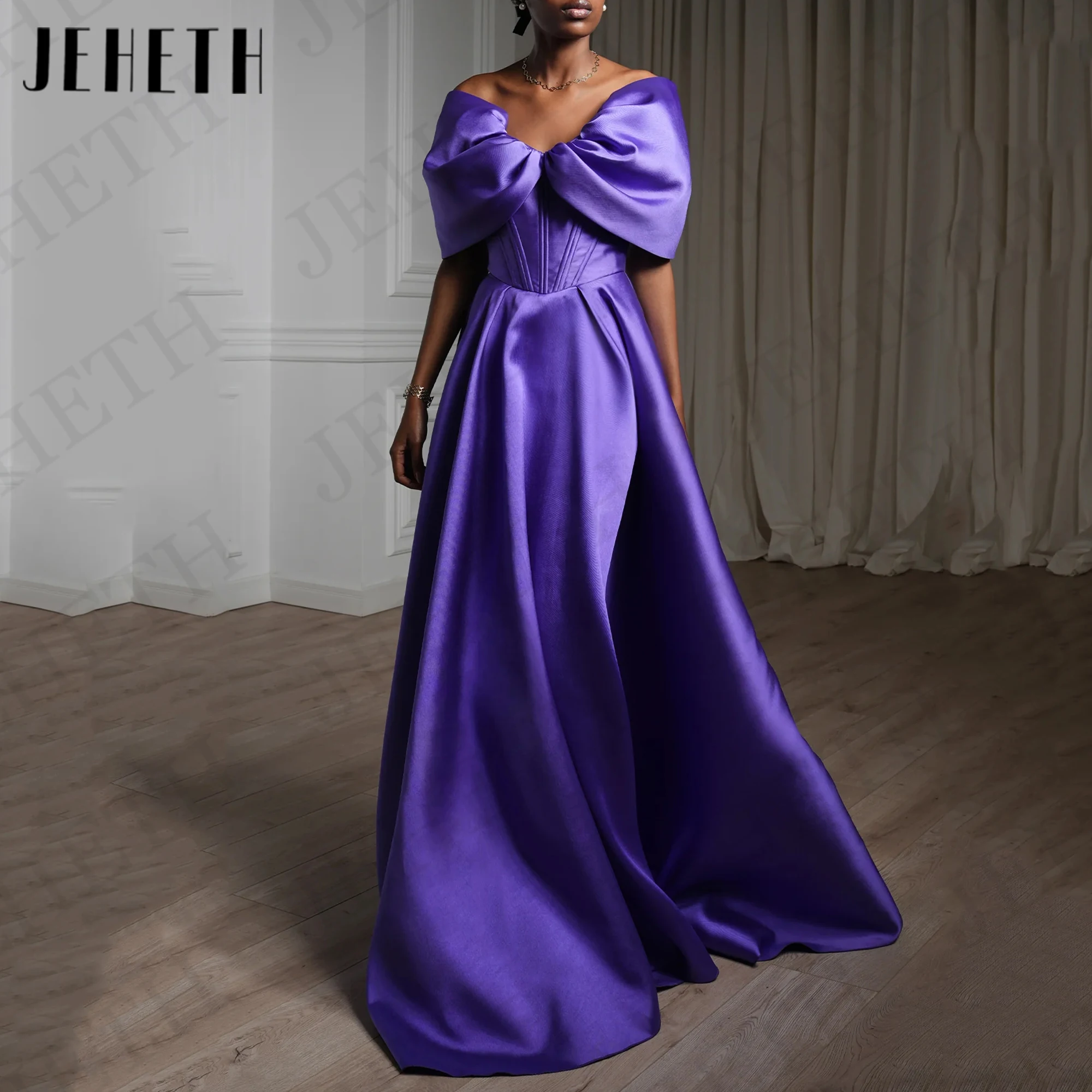 JEHETH Modest Off The Shoulder Prom Dress Purple A Line Satin V Neck Graduation Dresses Woman Party فساتين سهرة سعودي Pleat 2024