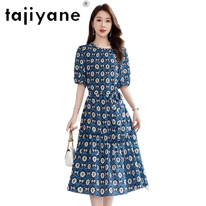 

TAJIYANE 15MM 100% Mulberry Silk Dresses for Woman Blue Print Midi Dress O-Neck Belted Frocks 2026 Summer Women Clothes vestidos